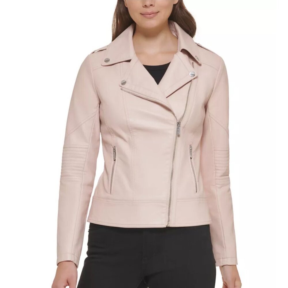 NWT Guess Dusty Pink Asymmetric Faux Leather Moto Jacket, Size Large